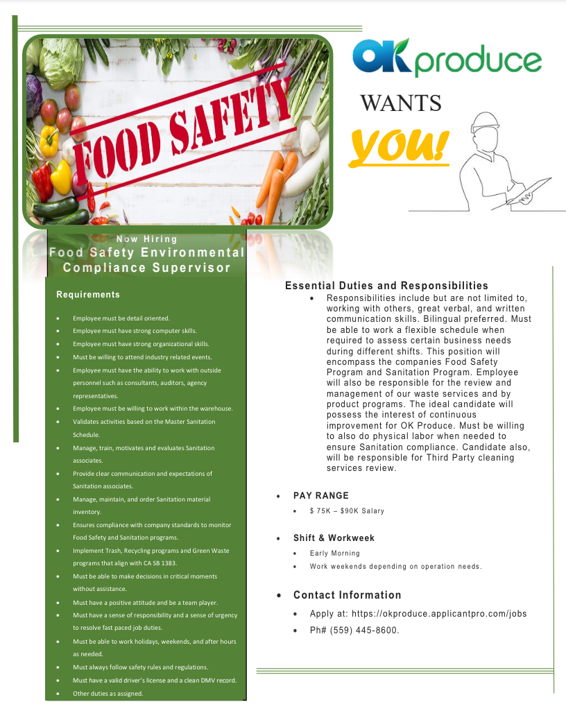 Food Safety Environmental Compliance Supervisor - Fresno, CA - OK ...